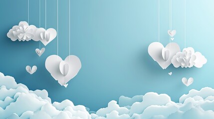 Poster or banner with blue sky and paper cut clouds. Place for text. Happy Valentine's day sale header or voucher template with hanging hearts - obrazy, fototapety, plakaty
