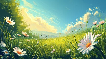 scene nature flora sunny countryside illustration meadow flower, plant outdoor, landscape grass...
