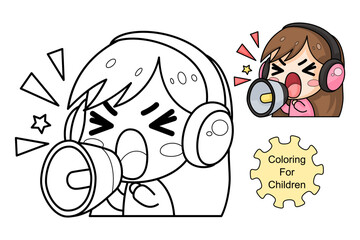 learn to color a girl screaming using a loudspeaker. coloring book, coloring pages for children.