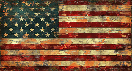 Fototapeta na wymiar A rustic American flag on weathered wood, representing the enduring spirit of the nation's history and the essence of American patriotism.