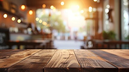 Selected focus empty brown wooden table and Coffee shop blur background with bokeh