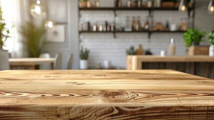 Selective focus on wooden kitchen island. empty dining table with copy space for display products. clean countertop for cooking healthy food against blurred furniture