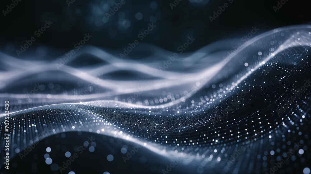 Aufkleber smooth smoke particle wave, big data techno background with glowing dots, hi-tech concept