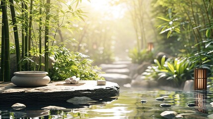 spring water in a wild bamboo garden with product display on a sunny rock, idyllic landscape...