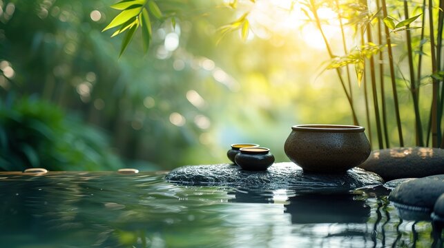 spring water in a wild bamboo garden with product display on a sunny rock, idyllic landscape background concept with asian zen spirit for spa