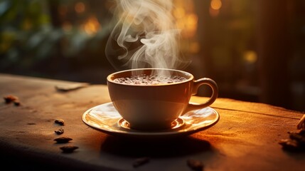 Wisps of steam rise from a fresh cup of coffee, signaling the start of a new day - obrazy, fototapety, plakaty