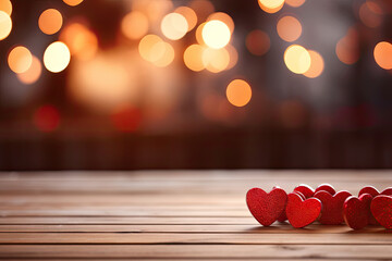 Close up of red hearts on wooden table against defocused lights. St. Valentines Day background
