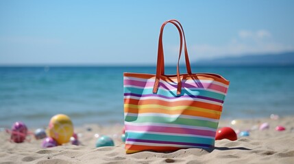 Colorful summer tote bag rests on the sunny beach, ready for a day of fun