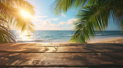 Foto op Plexiglas Summer holiday concept: Wooden table with coconut palm tree at the beach background © INK ART BACKGROUND