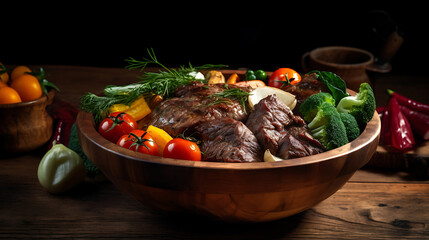 Fresh meat and veggies in a wooden bowl