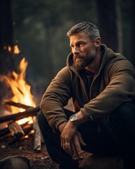 Man sitting around campfire