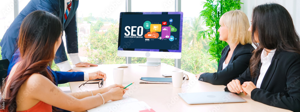 Poster seo search engine optimization for modish e-commerce and online retail business showing on computer 