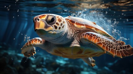 Loggerhead Sea Turtle Swimming Underwater in the Marine Wildlife