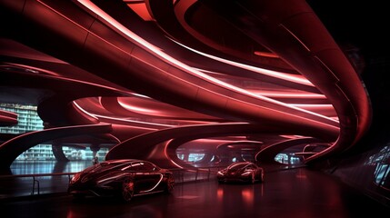 A futuristic transportation hub enveloped in a crimson haze, where sleek vehicles traverse amidst swirling black portals, defying the laws of physics.