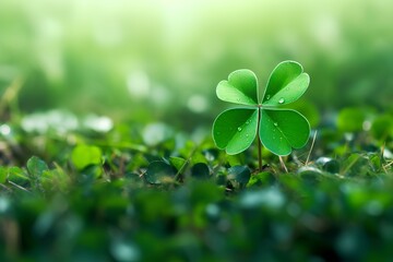 Lucky Irish Four Leaf Clover in the Field for St. Patrick's Day concept background with copyspace