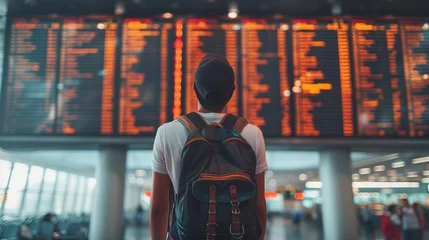 Foto op Plexiglas Back view of solo man traveller wears white t-shirt and black cap Contemplates Journey Ahead at Digital Airport Departure Board © Peeradontax