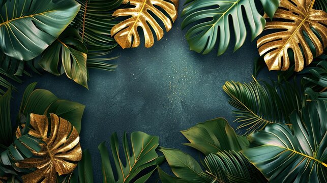 Tropical banner arranged from exotic and golden glitter leaves. Paradise plants, greenery and palm card. Stylish fashion frame. Sunset light. 