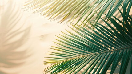 Tropical palm leaf shadow. Summer beach sand fashion background concept for travel vacation or ecological green cosmetics 