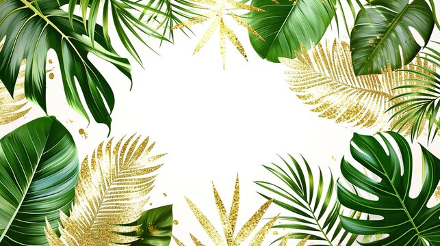 Tropical banner arranged from exotic and golden glitter leaves. Paradise plants, greenery and palm card. Stylish fashion frame. Sunset light. Wedding design. Leaves are not cut. Isolated 
