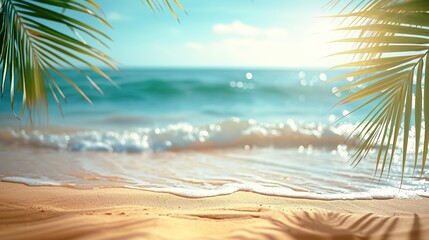 tropical sand beach scene with blue water wave and blurry green palm leaves in foreground, beach...