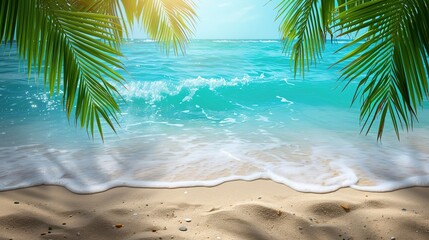 Fototapeta na wymiar tropical sand beach scene with blue water wave and blurry green palm leaves in foreground, beach background concept with copy space for travel vacation