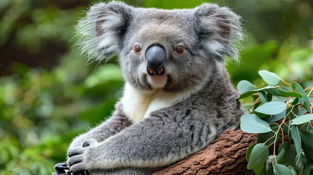 Koala Perched on Tree Branch, Lush Eucalyptus Environment