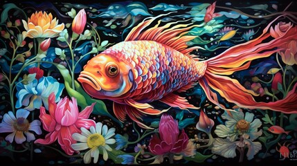 A girel fish appearing to pose amidst a garden of vibrant, swaying underwater flora.