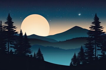 Landscape with mountains, forest and full moon. Vector illustration.