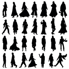 Collection of illustrations of silhouettes of women wearing hijabs