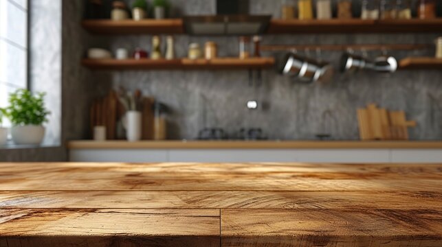 Wood desk space and kitchen background. for product display montage