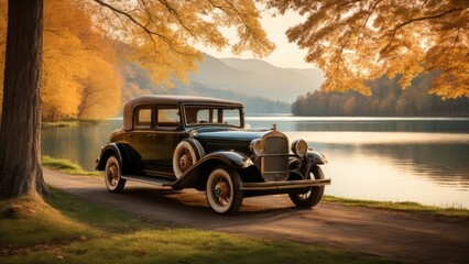 Vintage car on the lake in the autumn.