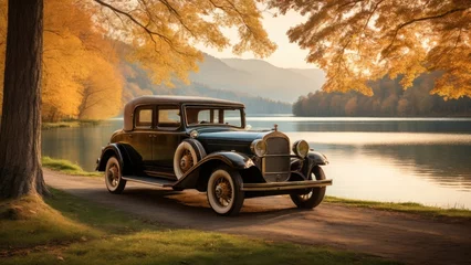 Zelfklevend Fotobehang Vintage car on the lake in the autumn. © Arfan