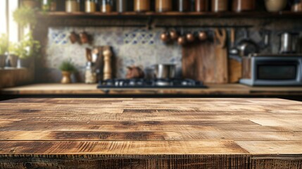 Wood desk space and kitchen background. for product display montage.