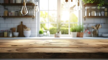 Wood desk space and kitchen background. for product display montage