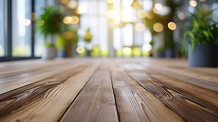 Wood flooring with glass office. atmosphere around office blur background with bokeh
