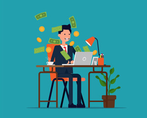 Young business sitting in front of computer screen with flying out cash. Vector financial concept