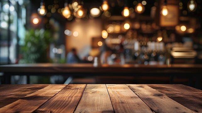 wood table on blur of cafe, coffee shop, bar, background