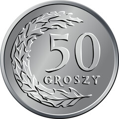 vector Polish Money fifty groszy silver coin reverse with Value and 50 leaves in semicircle shape - obrazy, fototapety, plakaty