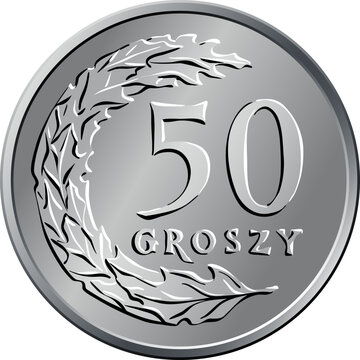 vector Polish Money fifty groszy silver coin reverse with Value and 50 leaves in semicircle shape