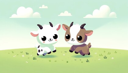 Cartoon Pygmy Goats Playing in a Minimalistic Grassy Field