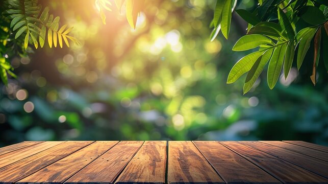 Fototapeta Wood table top on blur abstract green from garden in the morning background.For montage product display or design key visual layout