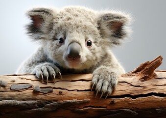 Inquisitive Koala Peeking Over Tree Bark: A Strikingly Realistic Digital Illustration for Educational and Design Use