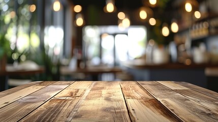 Wood table top on blur restaurant or cafe interior banner background - can be used for display or montage your product