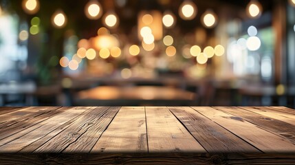 Wood table top on blur restaurant or cafe interior banner background 