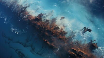 The topdown view reveals a sprawling ocean disaster, as thick layers of oil cover the onceblue waters below. - obrazy, fototapety, plakaty