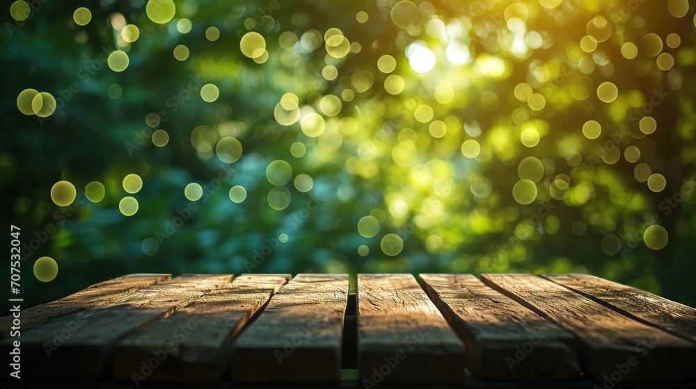 Canvas Prints Wood table top on bokeh Green background