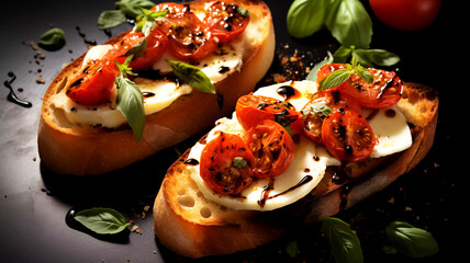 tomato, basil, egg, open sandwich, black background, top view, no people