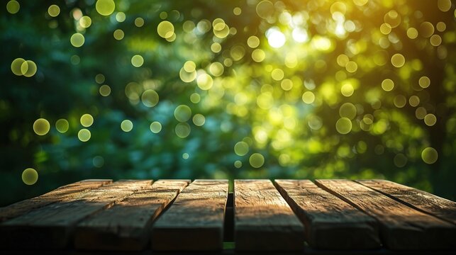 Wood table top on bokeh Green background