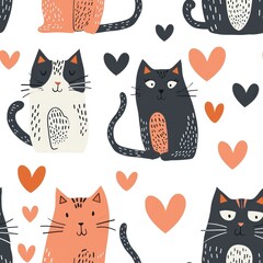 cute seamless pattern with cat couple decorated with heart love symbol