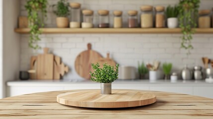 Wooden pedestal on table in kitchen interior and free space for your decoration